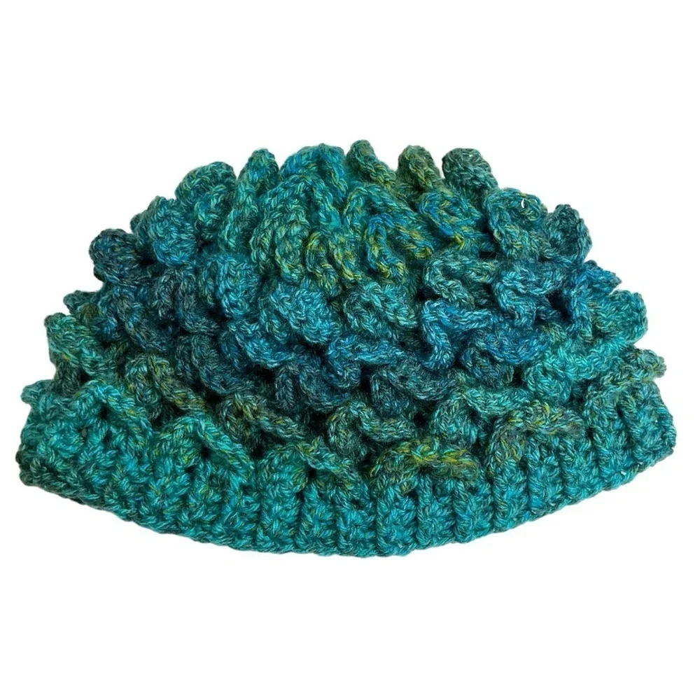 Kids Winter Beanie Hat Blue‎ Green Crocodile Dragon Scale Handcrafted Crochet